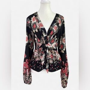 Free People Black Floral Tie Front Boho Blouse | Size Small